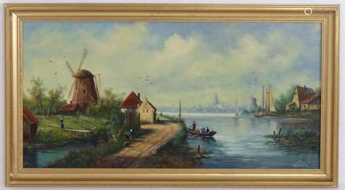 20th century, Oil on canvas, A Dutch river landscape with wi...