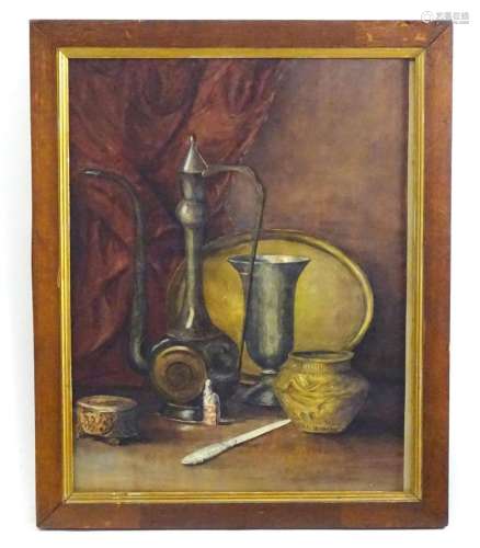 19th century, Watercolour, A still life study with metal war...