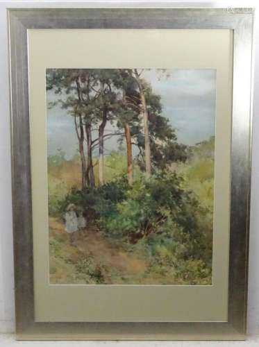 20th century, Watercolour, A landscape with trees, and child...