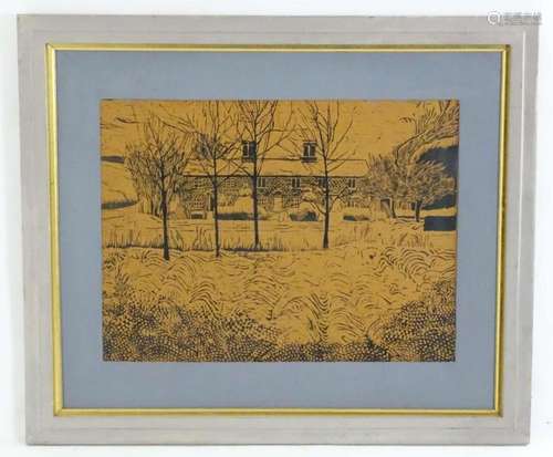 20th century, Linocut print, A landscape with a view of a ho...