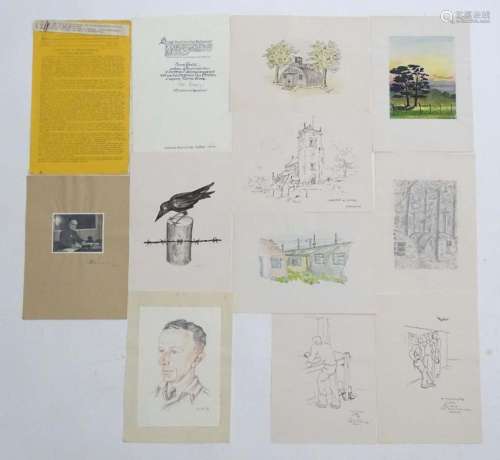 Nine 20thC German prisoner of war drawings and watercolours,...