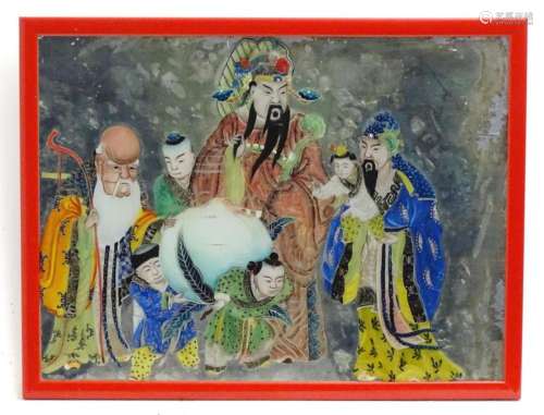 A Chinese reverse glass painting depicting the Sanxing Gods ...