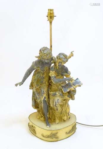 A mid 20thC table lamp, of metal construction and decorated ...