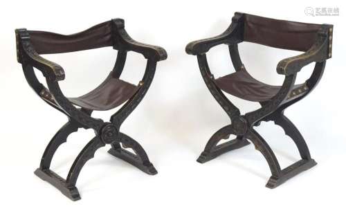 A matched pair of folding 19thC Savonarola chairs with carve...