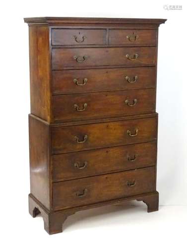 A mid 18thC mahogany chest on chest, having a moulded cornic...