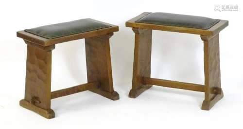A pair of late 19thC oak stools in the Gothic style with lea...