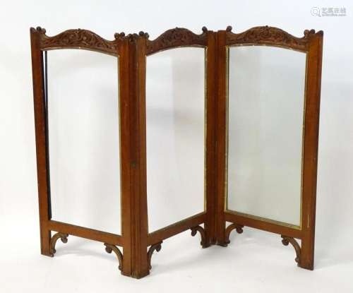 A 19thC satinwood screen with carved detail. Approx 49"...