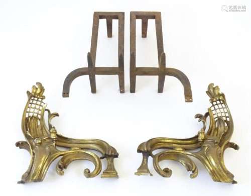 A pair of 19thC cast iron andirons with decorative brass mou...