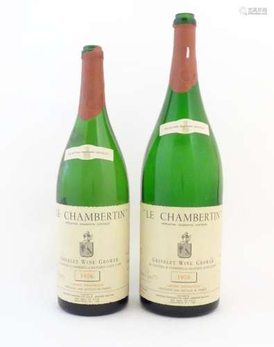 Two large (empty) Le Chambertin Grivelet 1976 wine bottles, ...