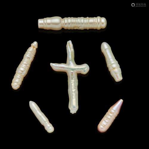 Six Unusual Freshwater Cultured Pearls including one cross-f...