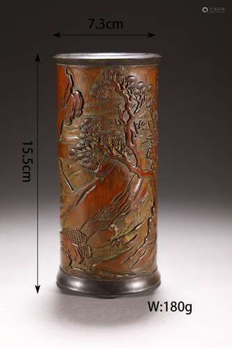 Gu Yu Mark, Carved Bamboo Figure Story Brush Pot<br />