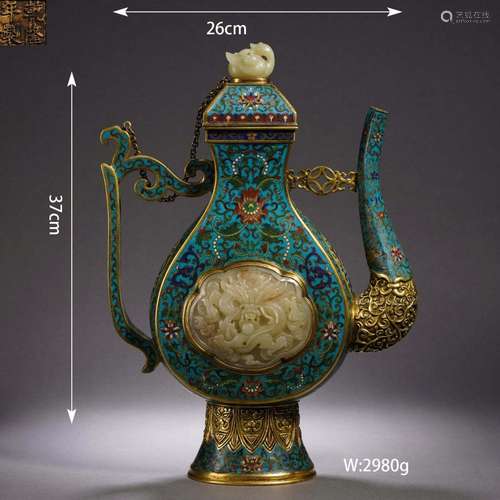 Jade Inlaid Cloisonne Enamel Flower Ewer