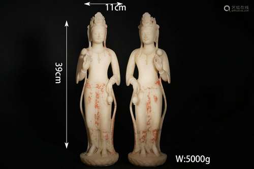 Pair of Two White Marble Statues of Buddha