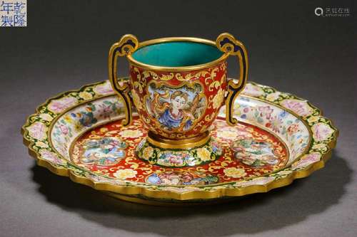 Painted Enamel Western Objects Cup and Saucer Dish