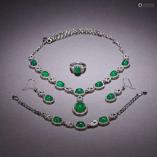 Set of Jadeite Necklace, Bracelet and Earrings