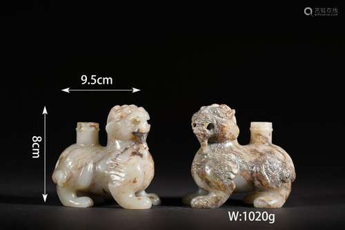 Set of Carved Jade Beast Candlesticks