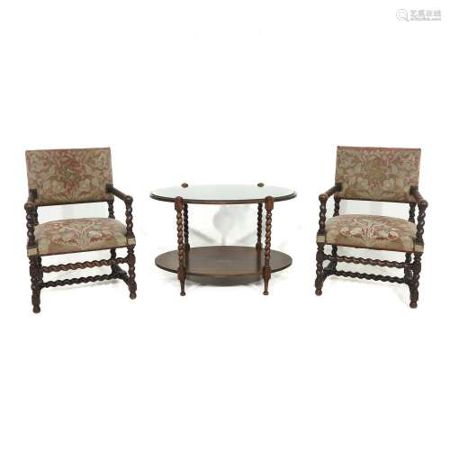 An Oak Coffee Table and 2 Tapestry Arm Chairs