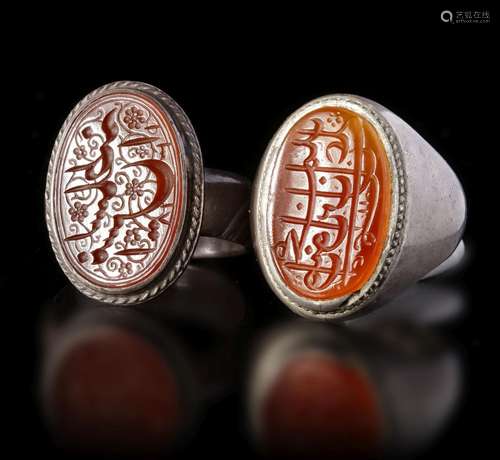 TWO AGATE SEAL SILVER RINGS