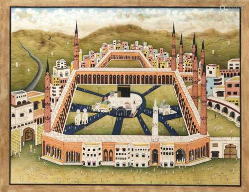 A LARGE INDIAN PAINTING WITH A VIEW OF MECCA, EARLY 20TH CEN...