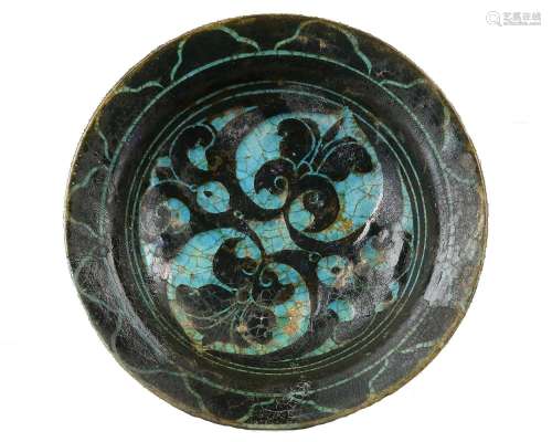 A KASHAN TURQUOISE HIGH PLATE BLACK FLOWER DECORATION, PERSI...