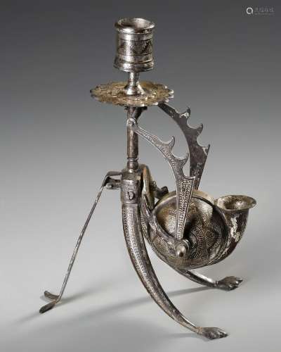 A KOFTGARI STEEL INKWELL AND CANDLESTICK, INDIA, LATE 19TH C...