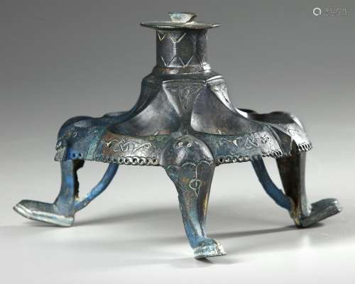 A KHORASAN SILVER INLAY LAMP STAND BASE , PERSIA, 12TH CENTU...