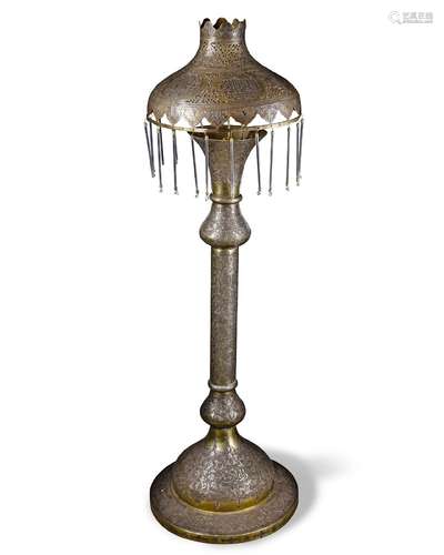 A LARGE ISLAMIC SILVER AND COPPER INLAID LAMP, SYRIA, DAMASC...