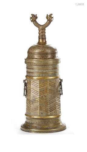 A LARGE SAFAVID STYLE ENGRAVED BRASS TORCH STAND, PERSIA, 18...