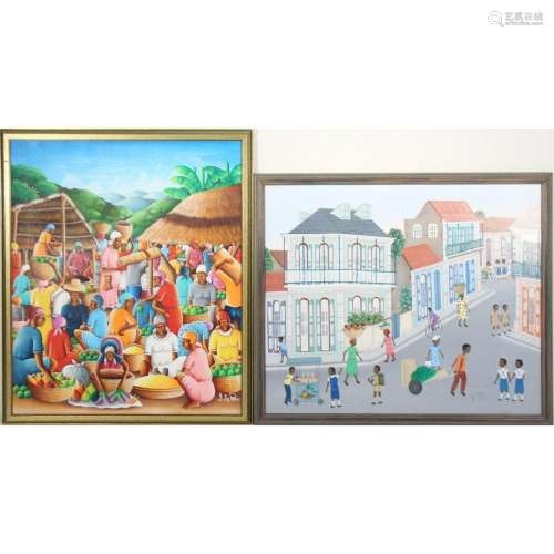 (2) Signed Haitian Village. Oil on Canvas & Panel.