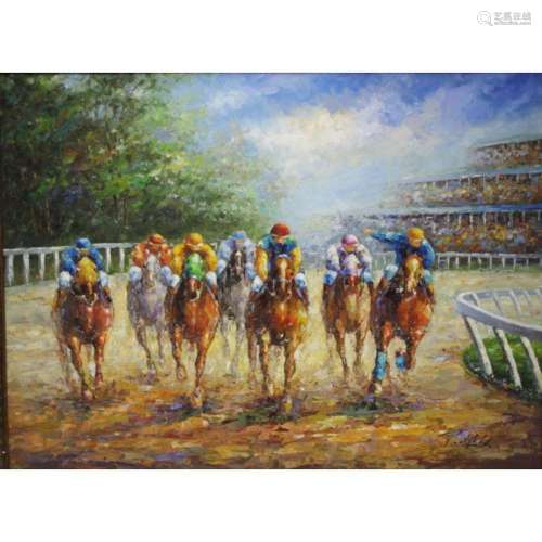 Illegibly Signed Oil On Canvas. Horse Race.