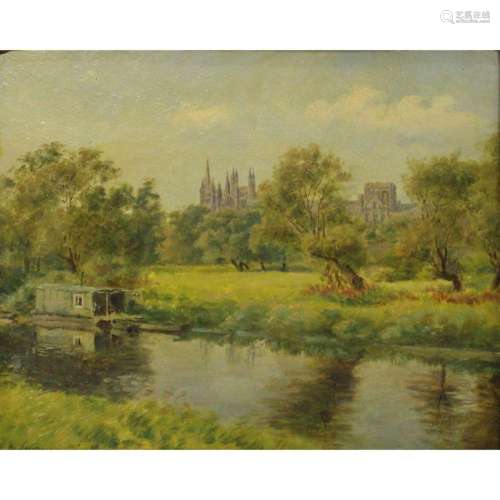 SIGNED OIL ON CANVAS. PETERBOROUGH CATHEDRAL