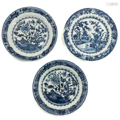 A Collection of 3 Blue and White Plates