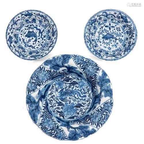 A Collection of 3 Blue and White Plates
