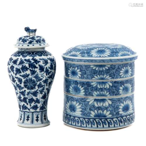 A Blue and White Vase and Stacking Tray