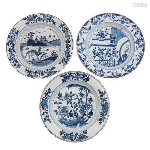 A Collection of 3 Blue and White Plates