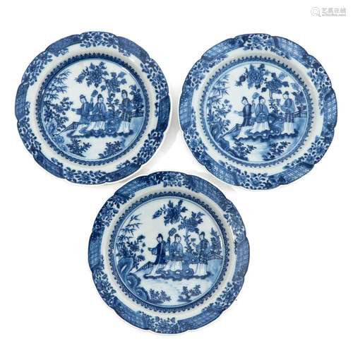 A Series of 3 Small Blue and White Plates