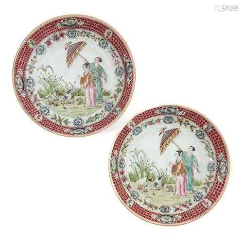 A Pair of Famille Rose Umbrella Ladies Plates