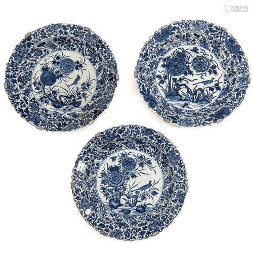 A Series of 3 Blue and White Peony and Bird Chargers