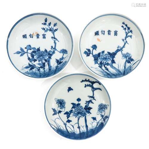 A Collection of 3 Blue and White Plates