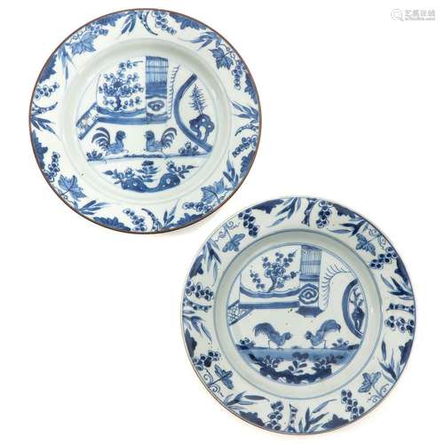 A Pair of Blue and White Rooster Plates