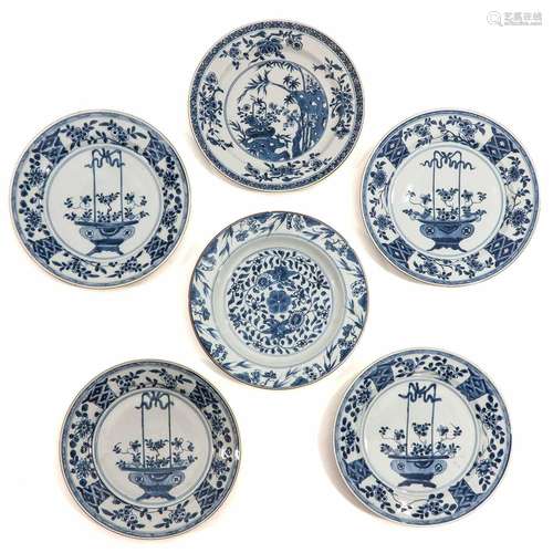 A Collection of 6 Blue and White Plates