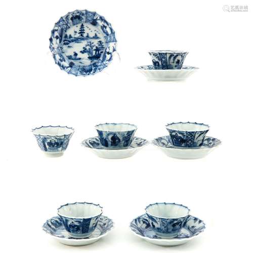 A Series of 6 Blue and White Cups and Saucers