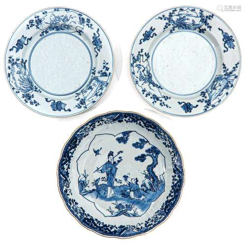 A Collection of 3 Blue and White Plates