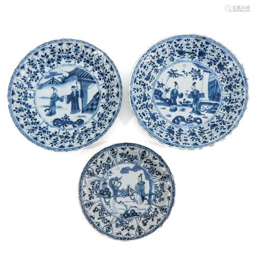 A Collection of 3 Blue and White Plates