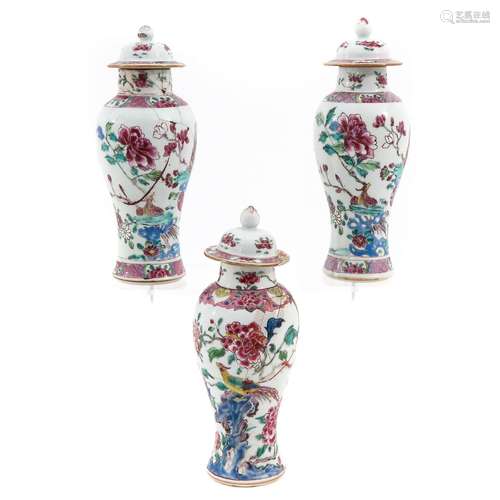 A Collection of 3 Famille Rose Garniture Vases