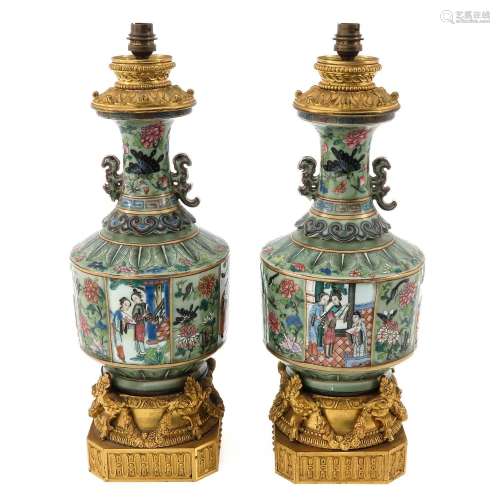 A Pair of Celadon Cantonese Lamps