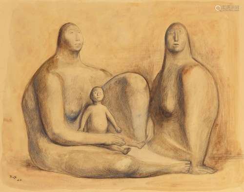 A Francisco Zuniga drawing, Two Women with Child, 1960