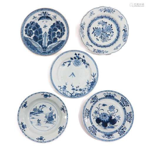 A Collection of 5 Blue and White Plates