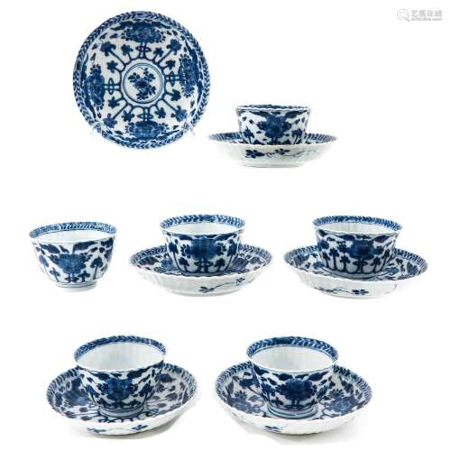A Series of 6 Blue and White Cups and Saucers