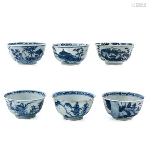 A Collection of 6 Blue and White Cups